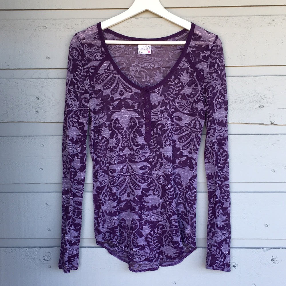 FREE PEOPLE BURNOUT PURPLE DAMASK LACE HENLEY ‘INTIMATELY’ SUPER SOFT SEMI SHEER